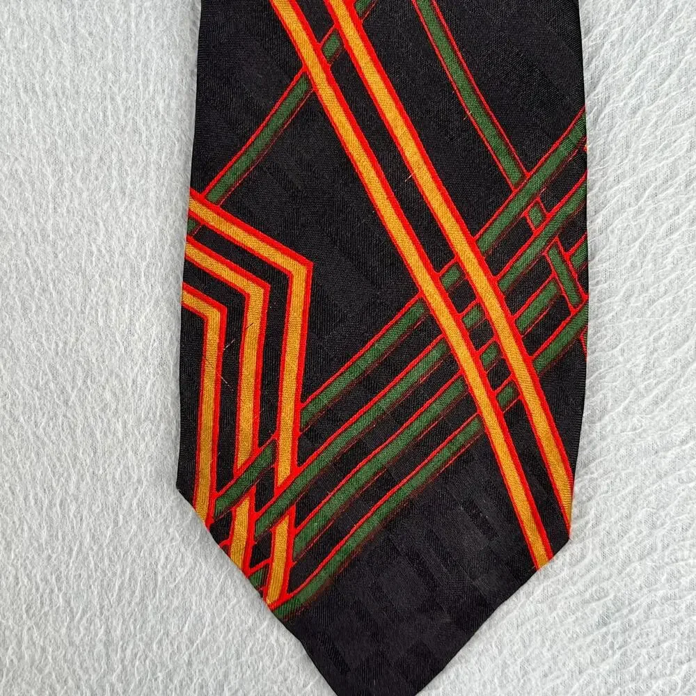 Lanvin Chemisier Paris Necktie Black Colorful Geometric Silk Mens Tie